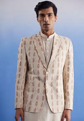 Cream Printed Poly Blend Blazers For Men
