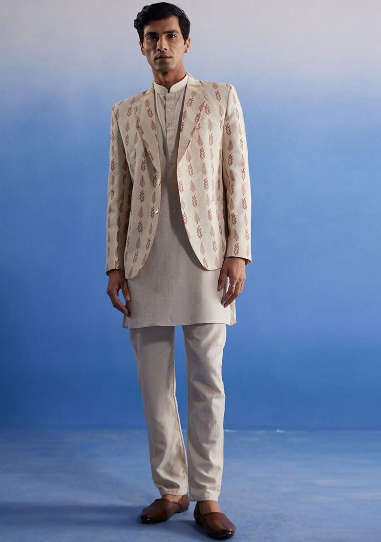 Cream Printed Poly Blend Blazers For Men