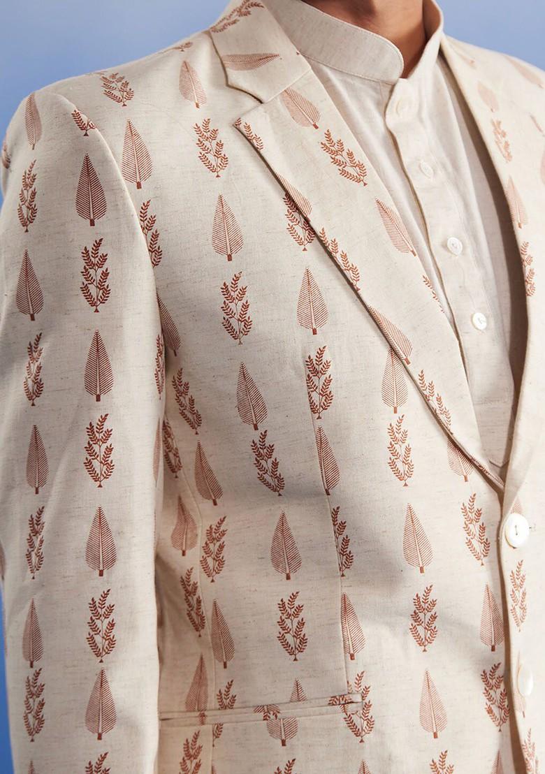 Cream Printed Poly Blend Blazers For Men