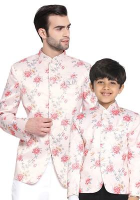 Peach Floral Print Poly Blend Blazers For Men