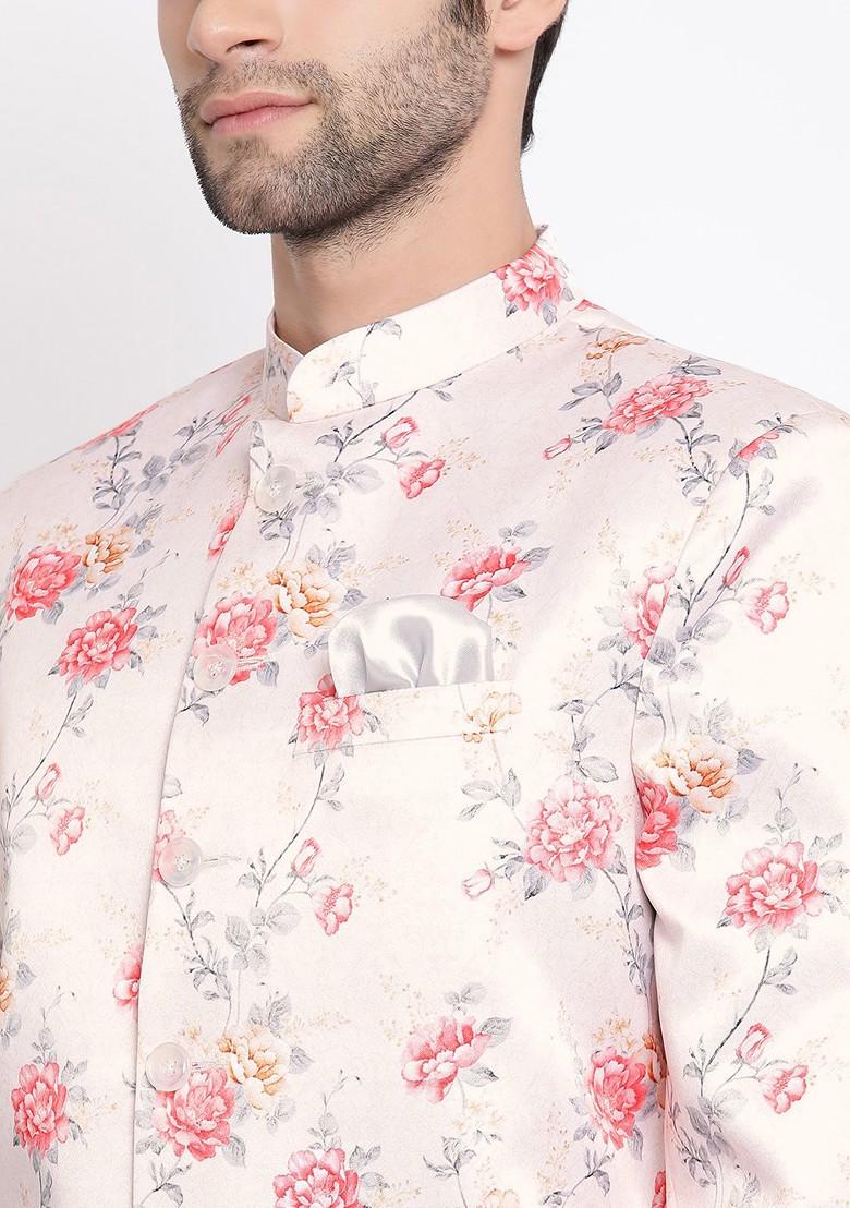 Peach Floral Print Poly Blend Blazers For Men