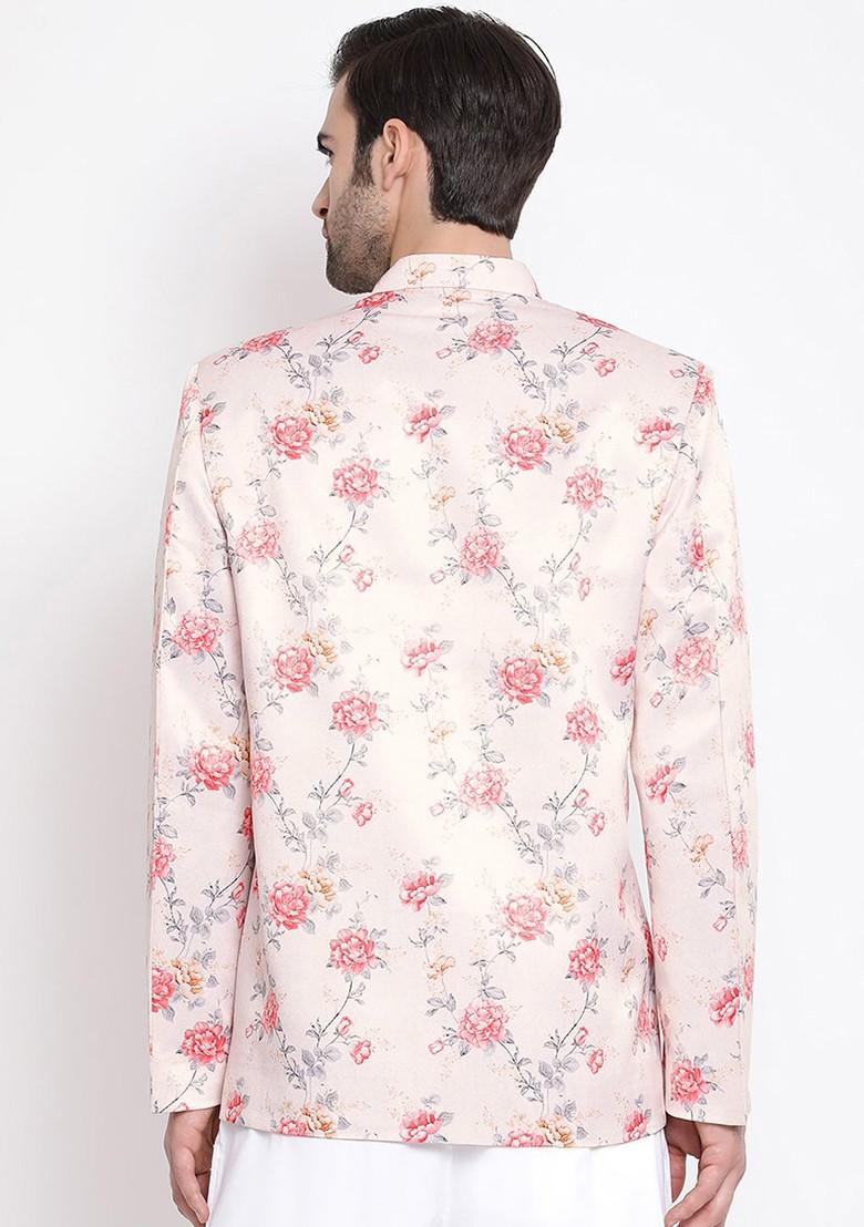 Peach Floral Print Poly Blend Blazers For Men