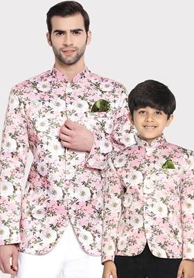 Pink Floral Print Poly Blend Blazers For Men