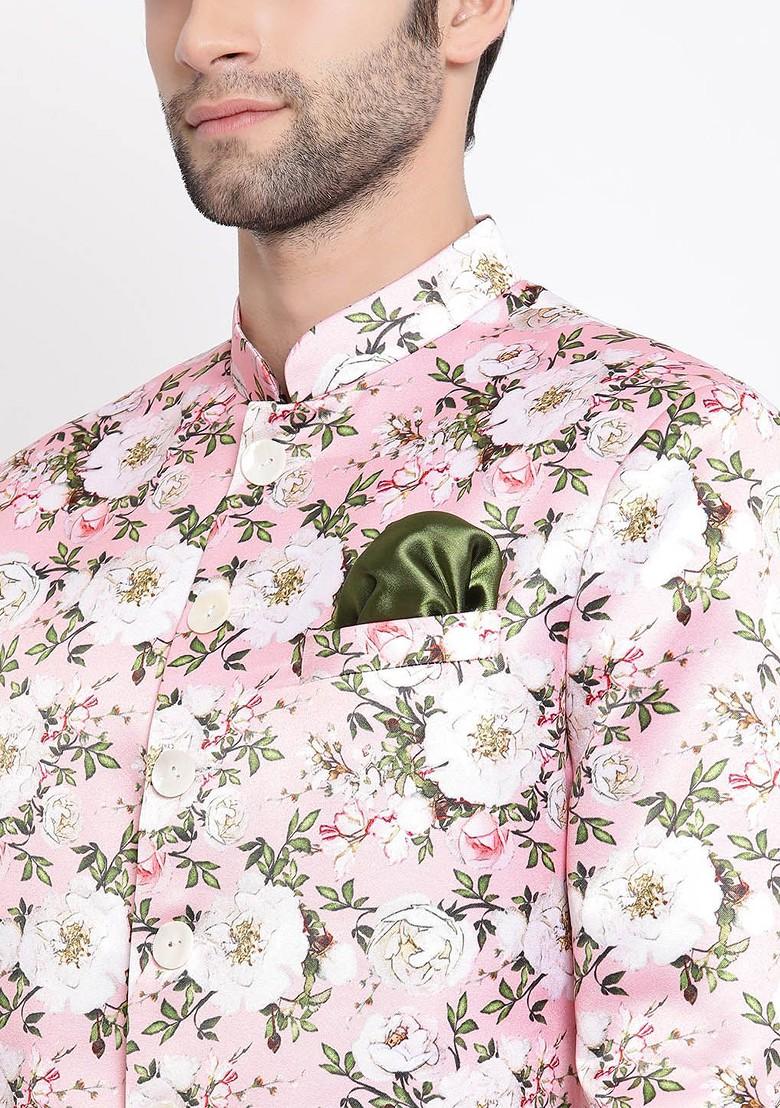 Pink Floral Print Poly Blend Blazers For Men