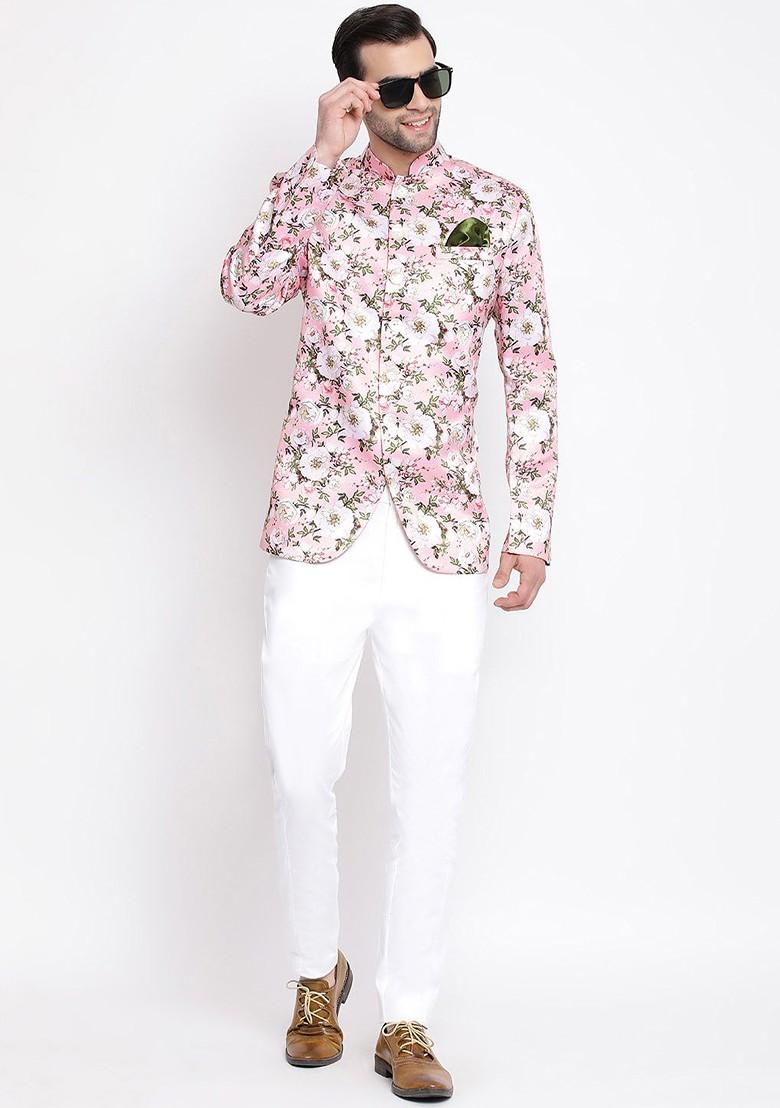 Pink Floral Print Poly Blend Blazers For Men
