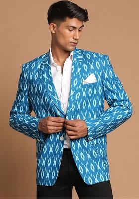 Blue Printed Poly Blend Blazers For Men