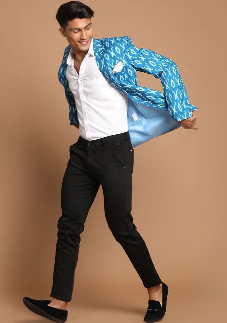 Blue Printed Poly Blend Blazers For Men