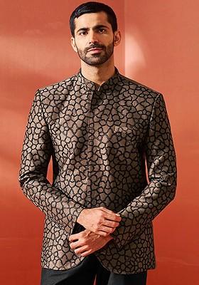 Coffee Brown Embroidered Poly Blend Blazers For Men