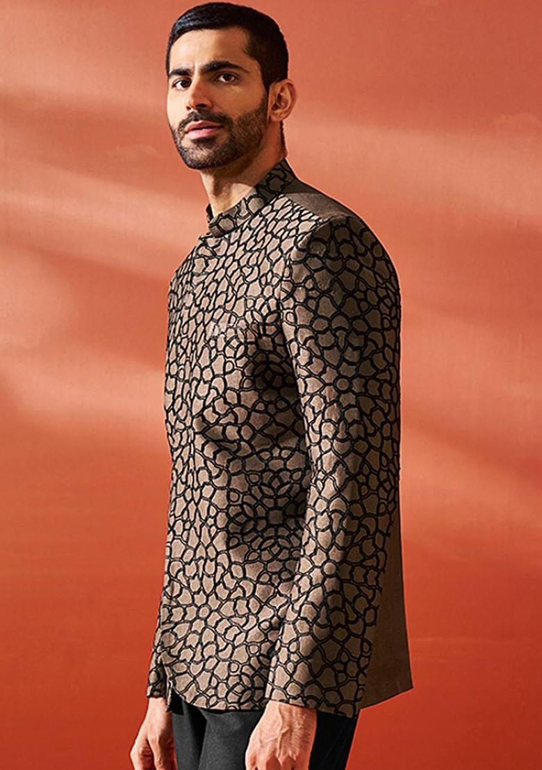 Coffee Brown Embroidered Poly Blend Blazers For Men