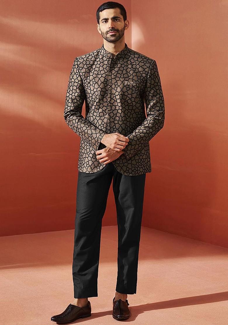 Coffee Brown Embroidered Poly Blend Blazers For Men