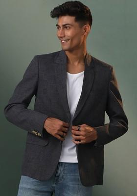 Black Checked Poly Blend Blazers For Men