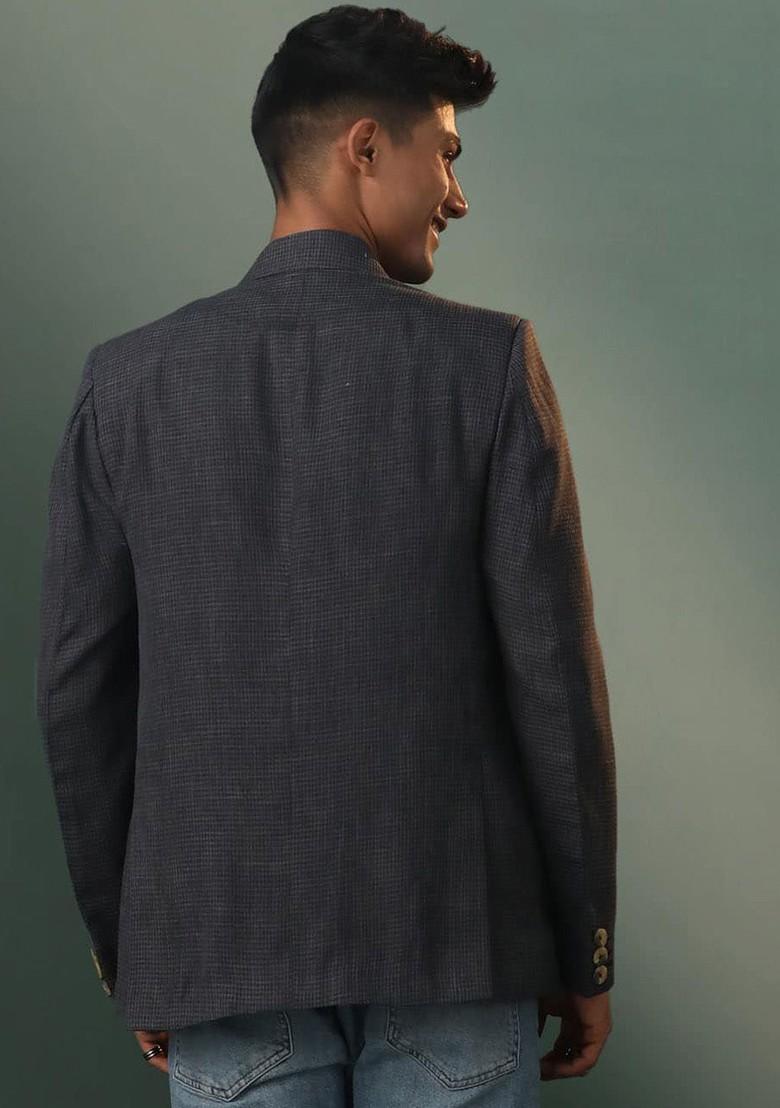 Black Checked Poly Blend Blazers For Men