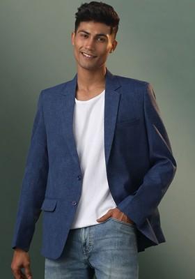 Blue Checked Poly Blend Blazers For Men