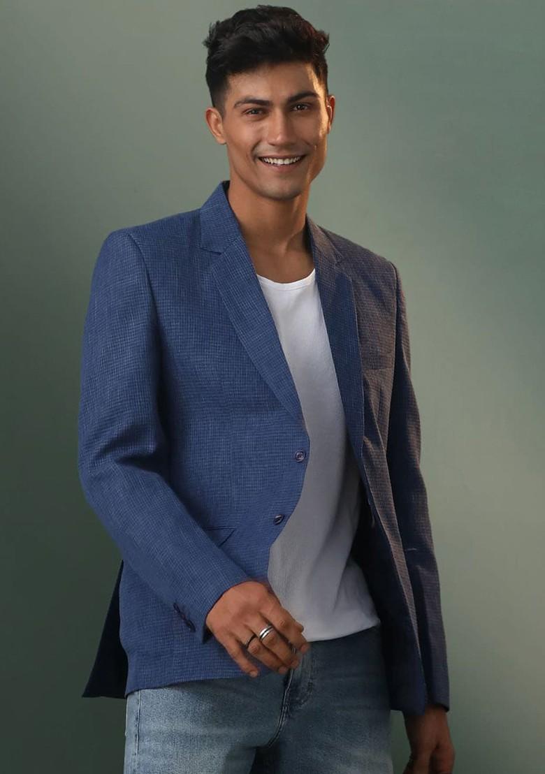 Blue Checked Poly Blend Blazers For Men