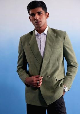 Green Solid Poly Blend Blazers For Men