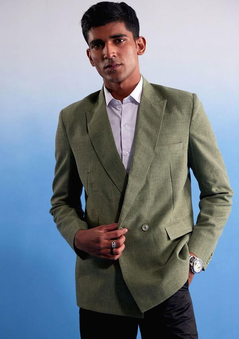 Green Solid Poly Blend Blazers For Men
