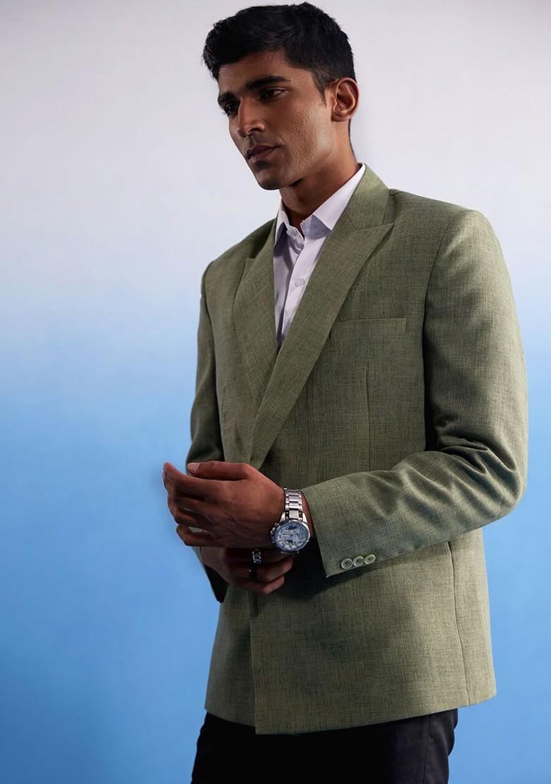 Green Solid Poly Blend Blazers For Men
