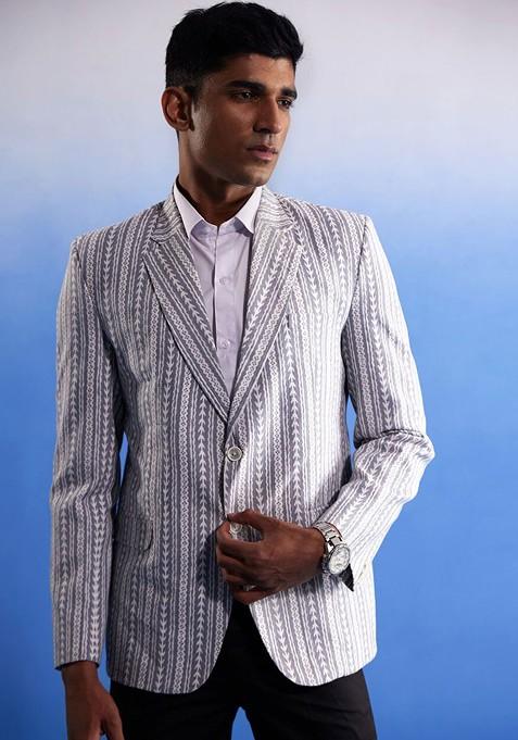 Grey Printed Cotton Blazers For Men