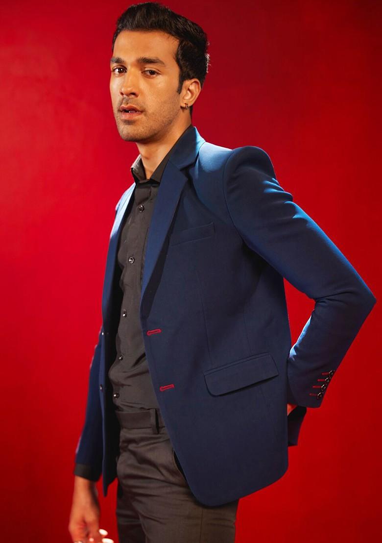 Blue Solid Poly Blend Blazers For Men