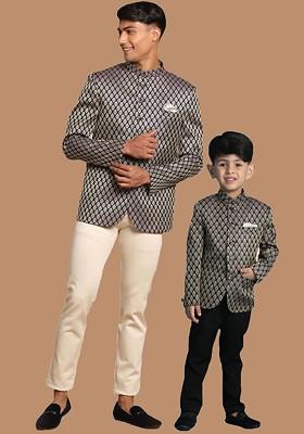 Navy Blue Ethnic Motifs Jacquard Blazers For Men