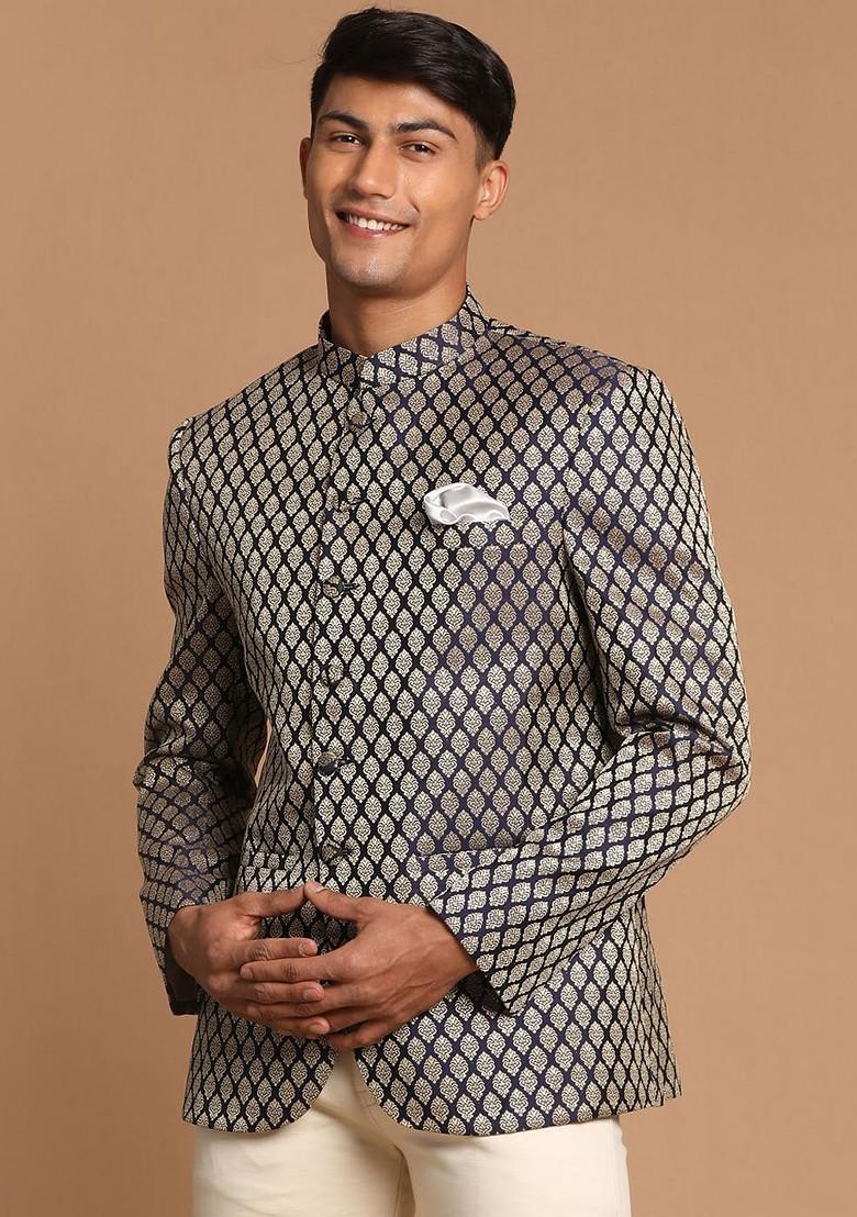 Navy Blue Ethnic Motifs Jacquard Blazers For Men