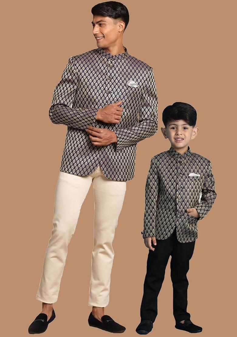 Navy Blue Ethnic Motifs Jacquard Blazers For Men