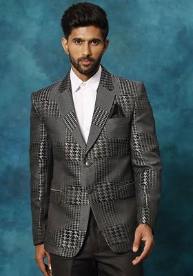 Black Solid Poly Blend Blazers For Men