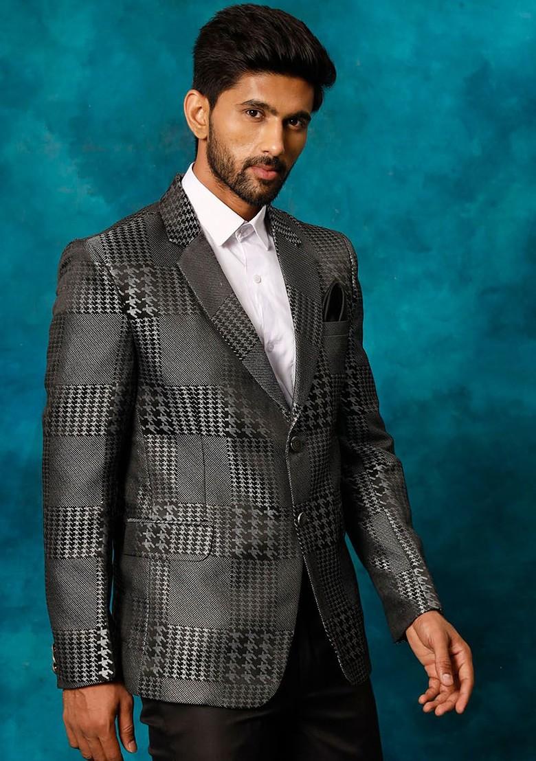 Black Solid Poly Blend Blazers For Men