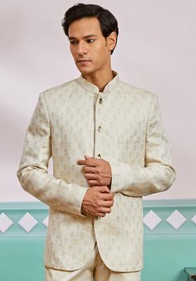 Beige Solid Silk Blazers For Men