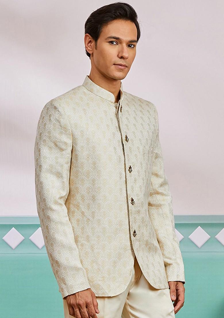 Beige Solid Silk Blazers For Men