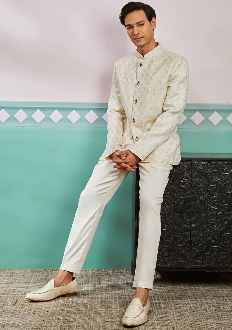 Beige Solid Silk Blazers For Men