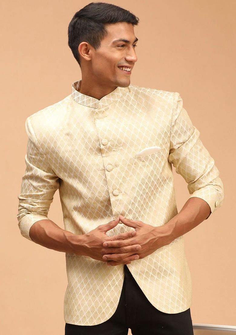 Cream Solid Silk Blazers For Men