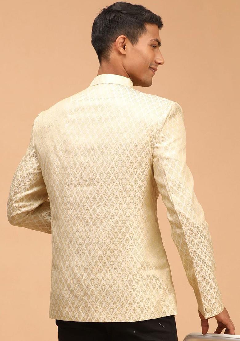 Cream Solid Silk Blazers For Men