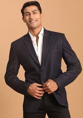 Navy Blue Embroidered Poly Blend Blazers For Men