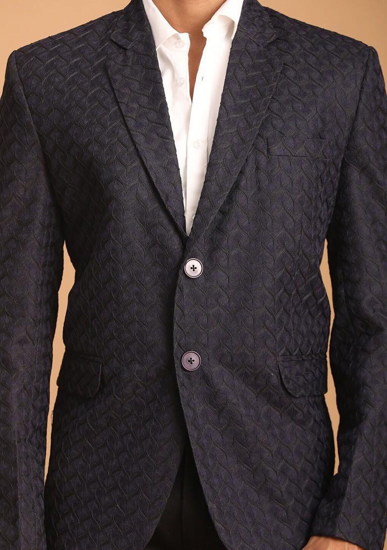 Navy Blue Embroidered Poly Blend Blazers For Men