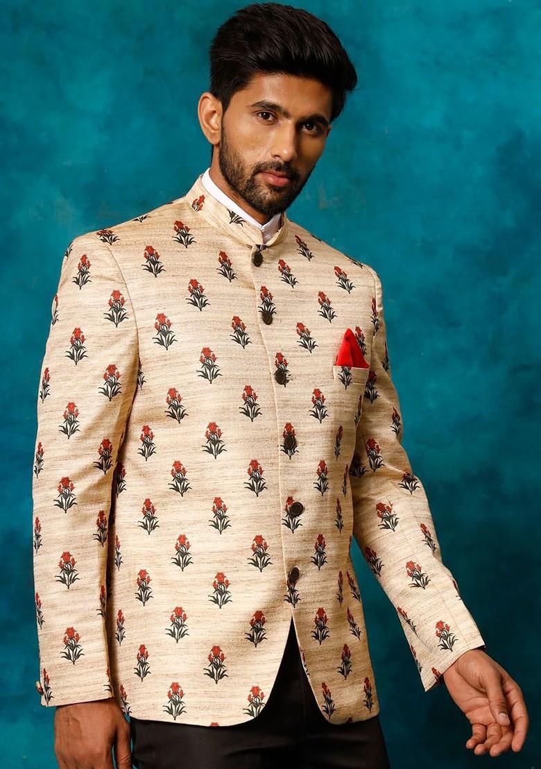 Beige Floral Print Poly Blend Blazers For Men
