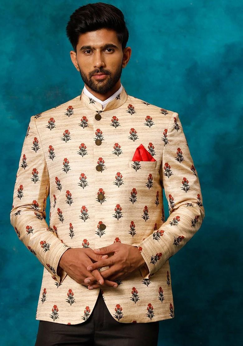 Beige Floral Print Poly Blend Blazers For Men