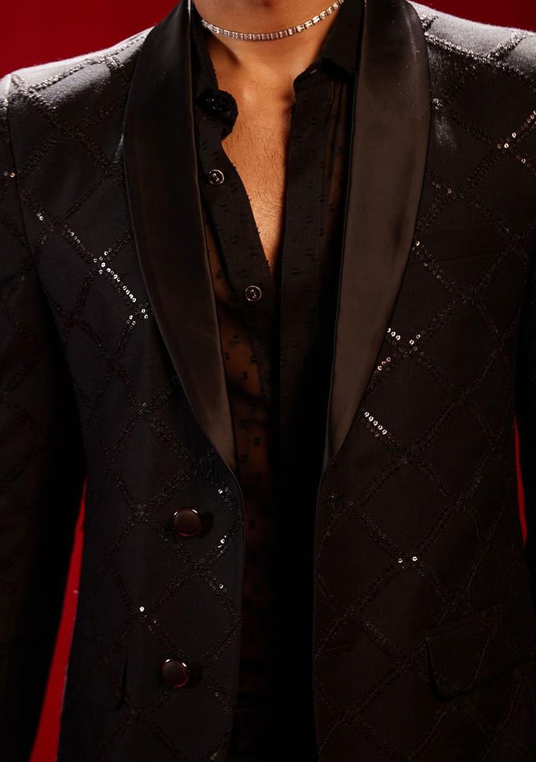 Black Sequin Work Poly Blend Blazers For Men