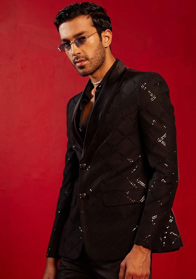 Black Sequin Work Poly Blend Blazers For Men