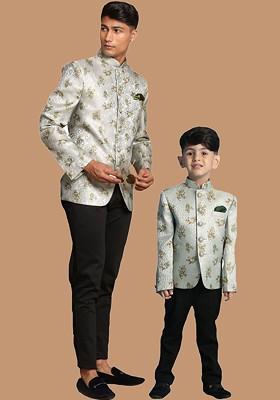 Silver Embroidered Poly Blend Blazers For Men