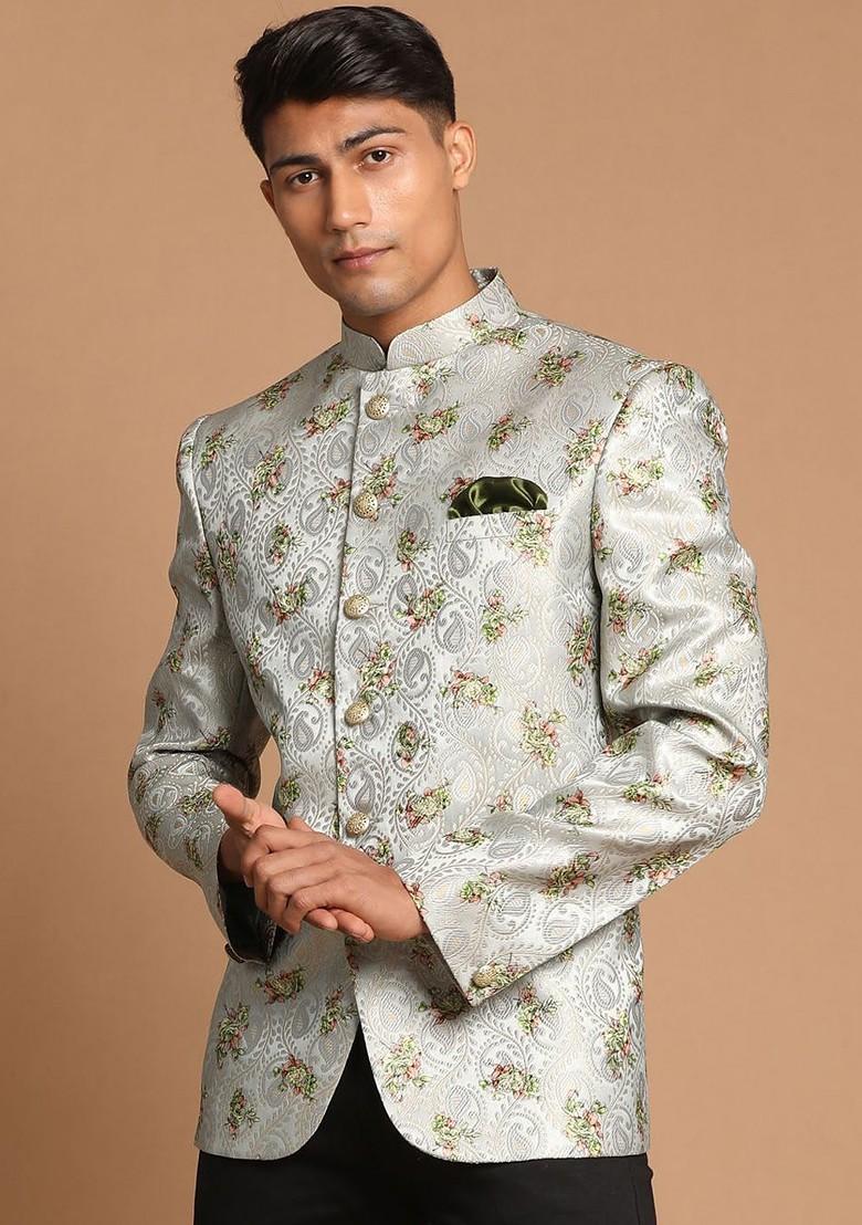 Silver Embroidered Poly Blend Blazers For Men