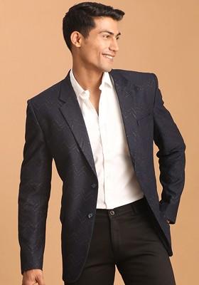 Navy Blue Solid Silk Blazers For Men