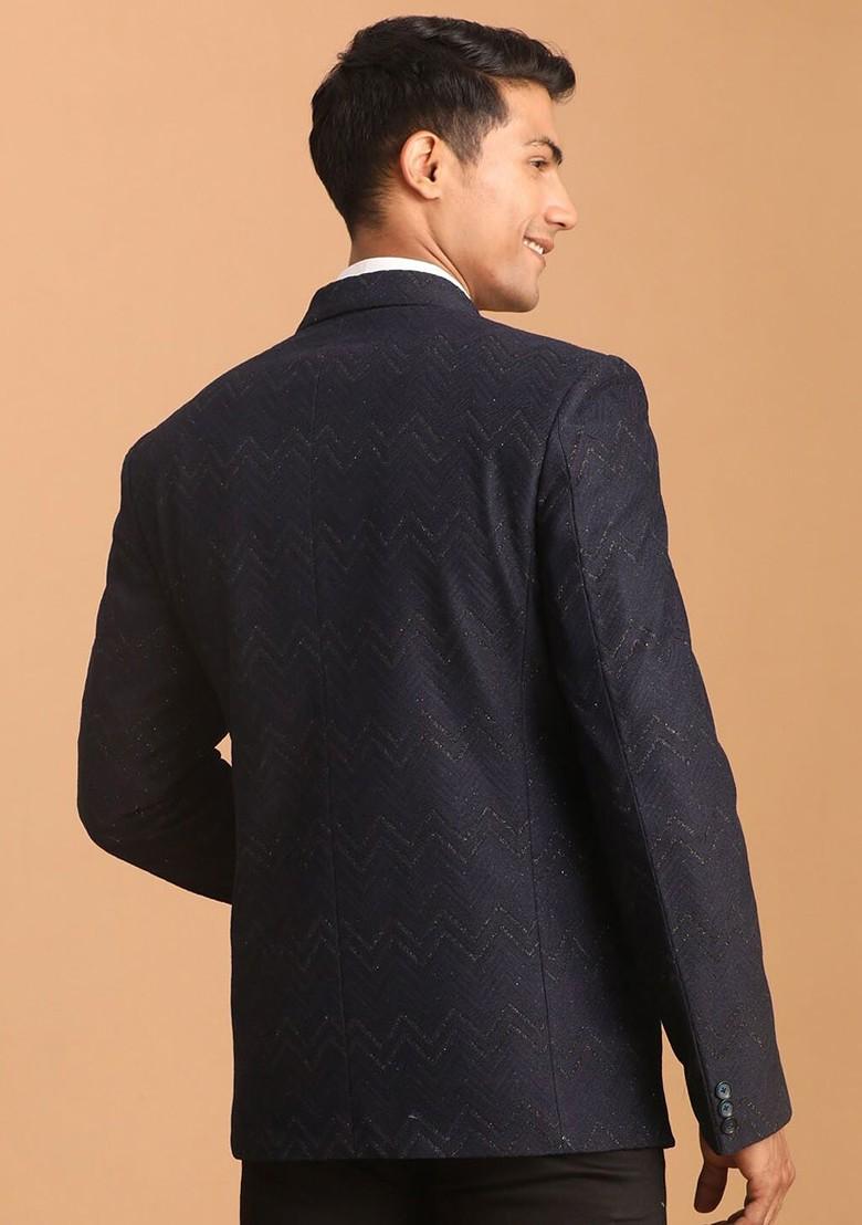 Navy Blue Solid Silk Blazers For Men