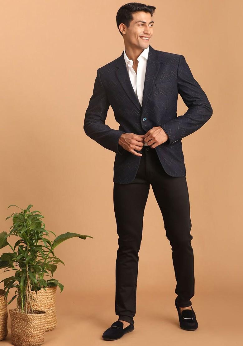 Navy Blue Solid Silk Blazers For Men