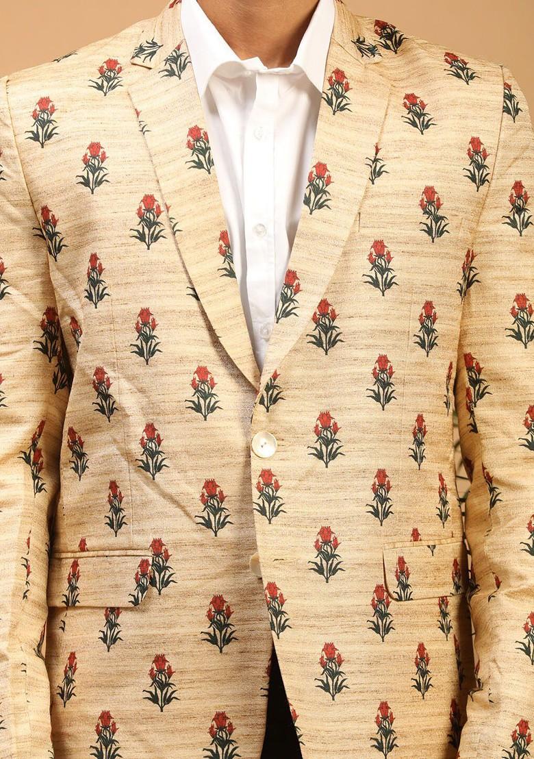 Beige Floral Print Poly Blend Blazers For Men