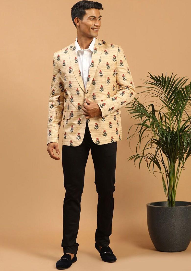Beige Floral Print Poly Blend Blazers For Men