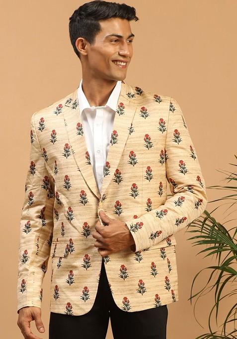 Beige Floral Print Poly Blend Blazers For Men