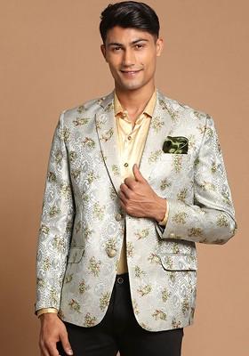 Green Printed Poly Blend Blazers For Men