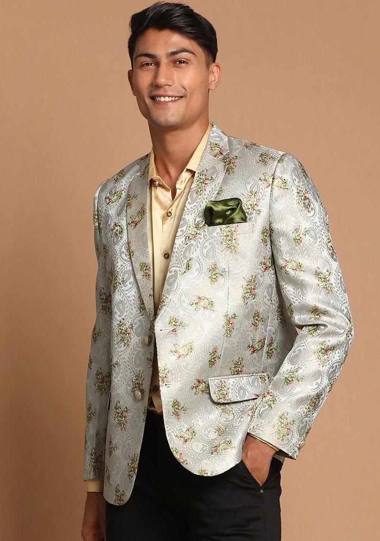 Green Printed Poly Blend Blazers For Men