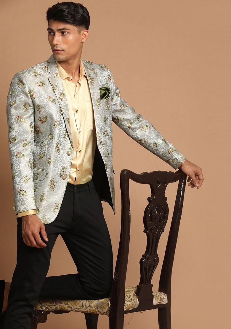 Green Printed Poly Blend Blazers For Men